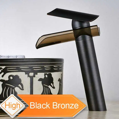 Modern black bronze glass waterfall tap with sleek design and translucent amber spout for bathroom decorbites black bronze