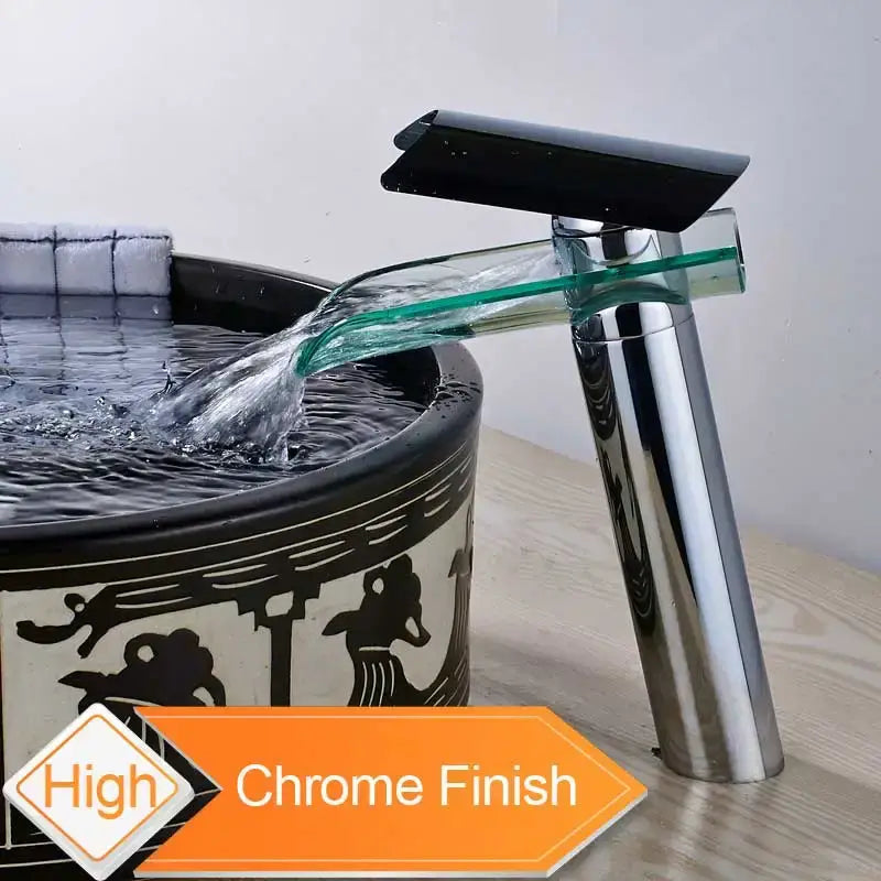 Modern black bronze glass waterfall tap bathroom faucet with chrome finish sleek black spout and transparent stream