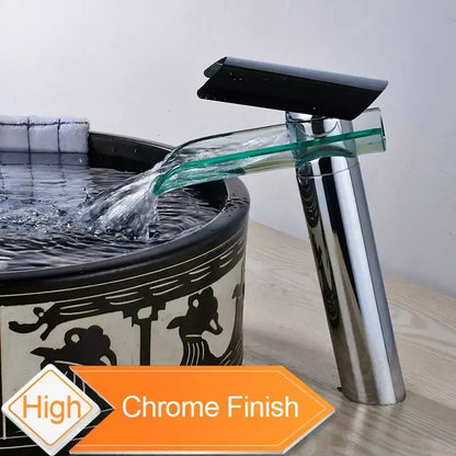 Modern black bronze glass waterfall tap bathroom faucet with chrome finish sleek black spout and transparent stream