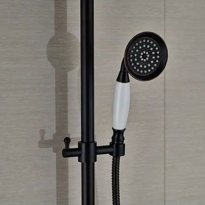 Modern black bronze and white shower faucet set featuring black showerhead with white ceramic handle and metallic finish