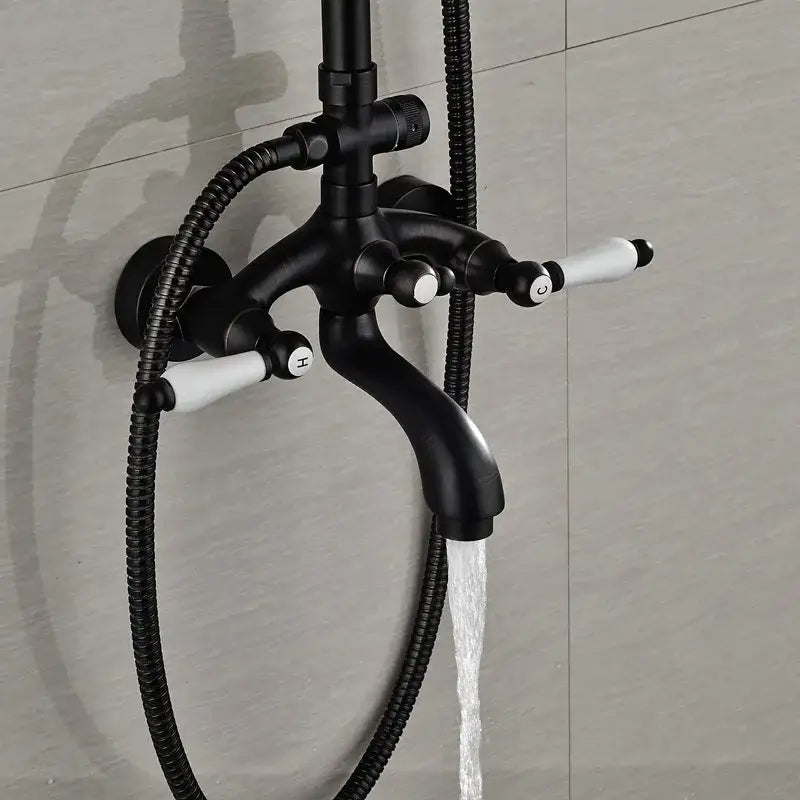 Modern black bronze and white shower faucet set with black matte finish and ceramic handles for bathroom rainfall use