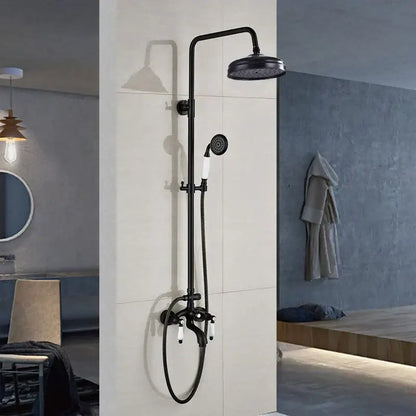 Modern black bronze shower faucet set with matte finish rainhead and white ceramic knobs for bathroom rainfall column