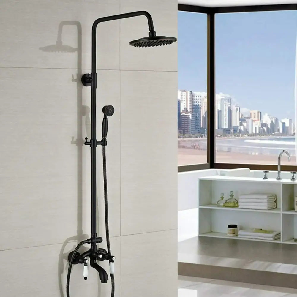 Modern black matte shower faucet set with rectangular rainhead and handheld spray nozzle for bathroom rainfall use