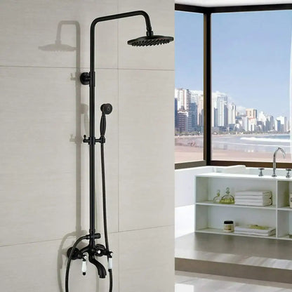 Modern black matte shower faucet set with rectangular rainhead and handheld spray nozzle for bathroom rainfall use