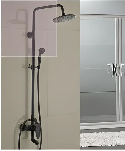 Modern black bronze and white shower faucet set featuring a black matte rainfall shower head on an adjustable arm