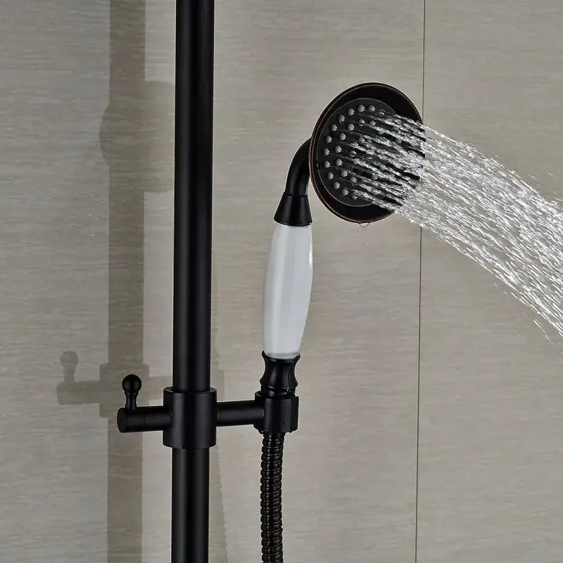 Modern black bronze and white shower faucet set with black and white ceramic rainfall showerhead and matte black finish