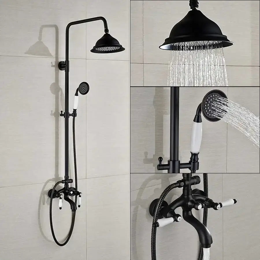 Modern black bronze and white shower faucet set with matte finish and ceramic handles for bathroom rainfall column