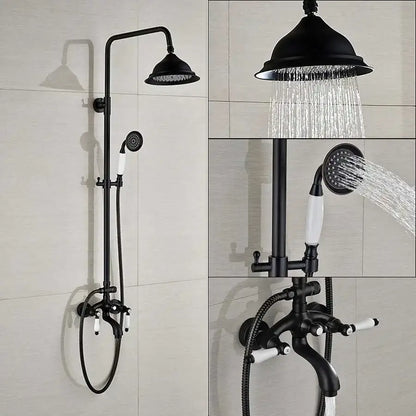 Modern black bronze and white shower faucet set with matte finish and ceramic handles for bathroom rainfall column