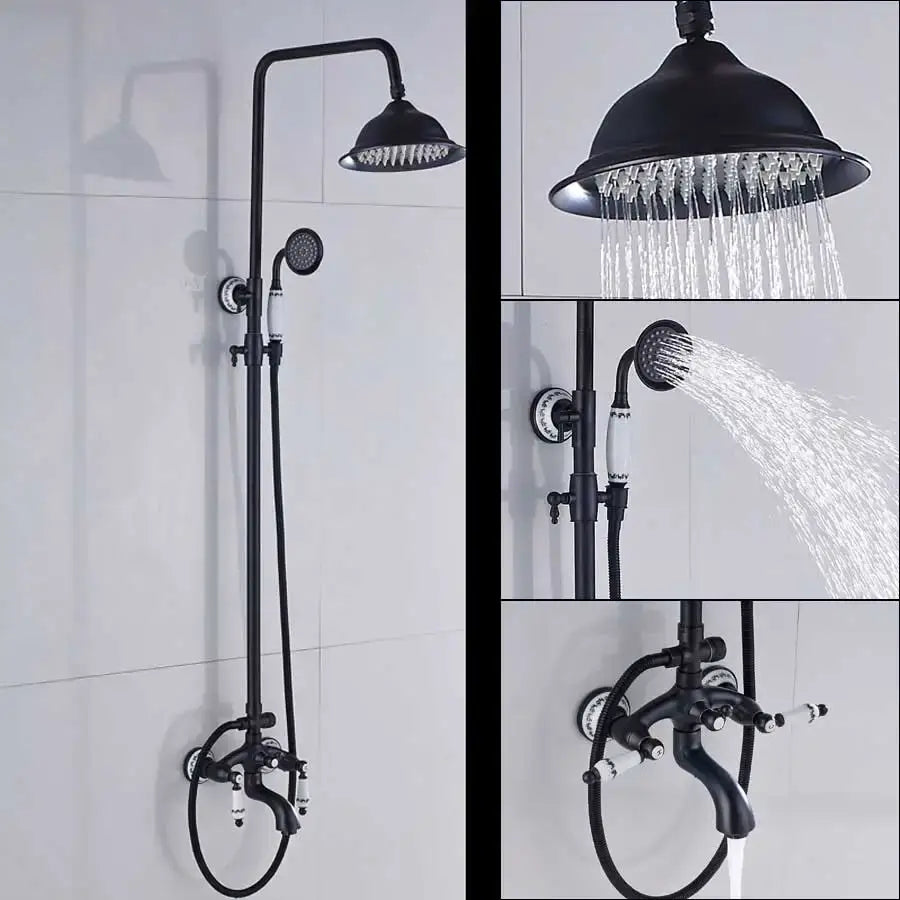 Modern black bronze and white shower faucet set with matte finish rainhead handheld spray and vintage ceramic handles