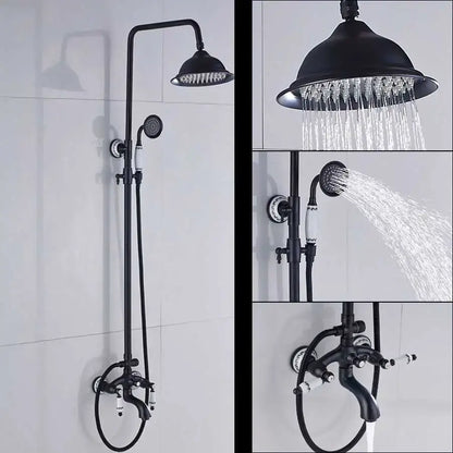 Modern black bronze and white shower faucet set with matte finish rainhead handheld spray and vintage ceramic handles