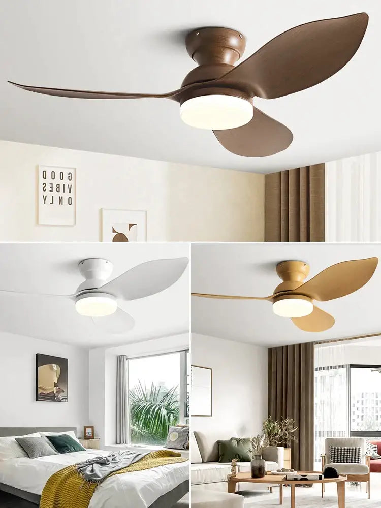 Modern black low floor ceiling fan with three curved bronze blades and integrated led light for living room use