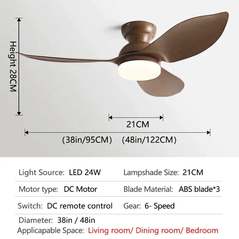 Modern black and brown low floor ceiling fan with brown ABS blades and integrated LED light for living room use