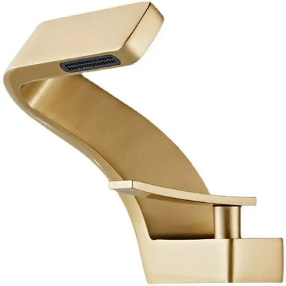 Modern black and brushed gold decorbites basin faucet with sleek curved design and rectangular spout for bathroom use