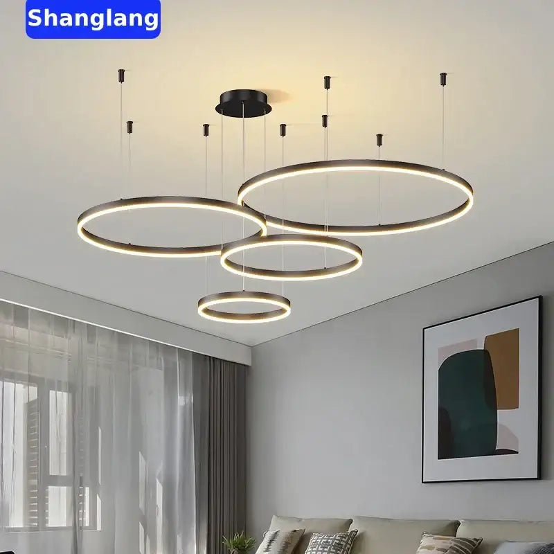 Modern black brushed rings led chandelier with warm white lighting for living room decorbites brushed rings design