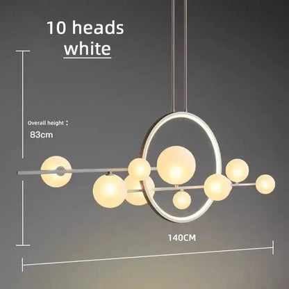 Modern white pendant light with ten spherical bubble glass heads in circular and linear pattern decorbites bubble glass