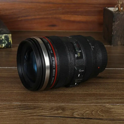 Modern black decorbites camera lens cup self stirring travel mug shaped like a canon ef 24-105mm zoom lens with red ring