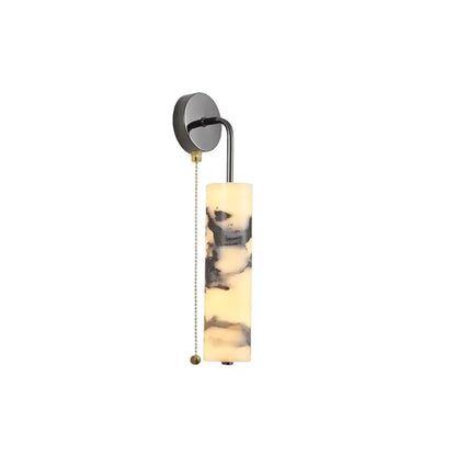 Modern black carbon steel led wall lamp with sleek alabaster bedroom shade featuring swirling dark gray veining decorbites carbon steel