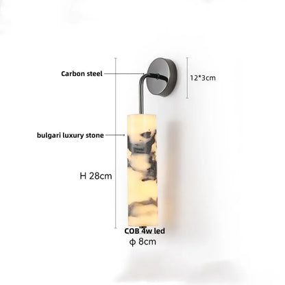 Modern black carbon steel led wall lamp with decorbites carbon steel bracket and bulgari luxury alabaster stone shade