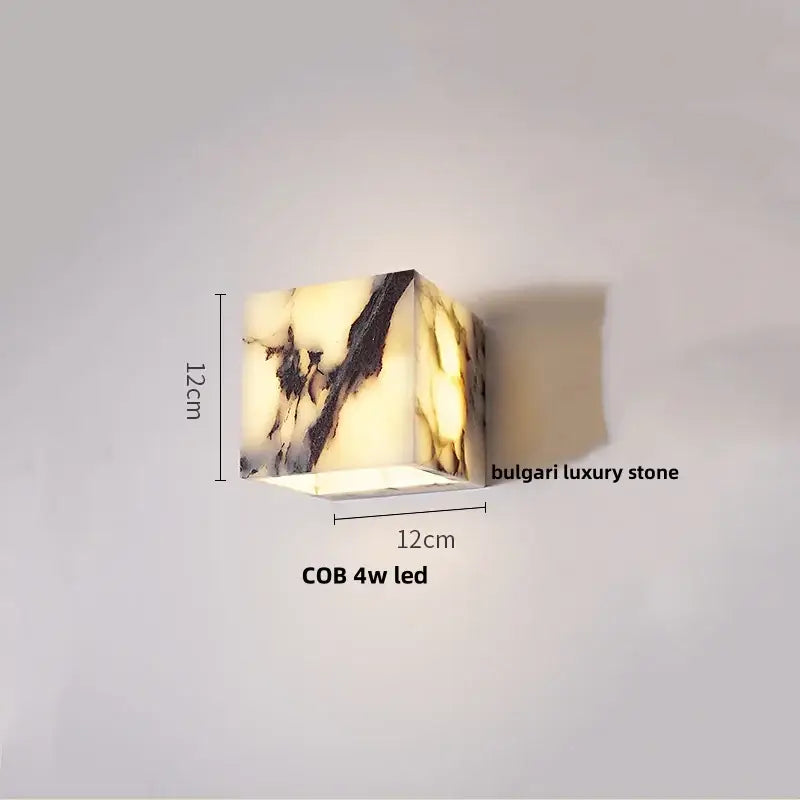 Modern black carbon steel led wall lamp with alabaster shade featuring translucent bulgari stone and warm cob 4w led glow