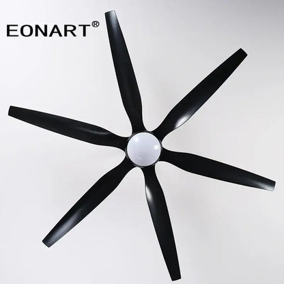 Modern black ceiling fan with sleek blades, led light, and remote control ideal for living room use