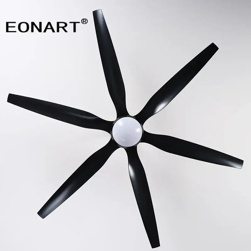 Modern black ceiling fan with sleek blades, led light, and remote control ideal for living room use