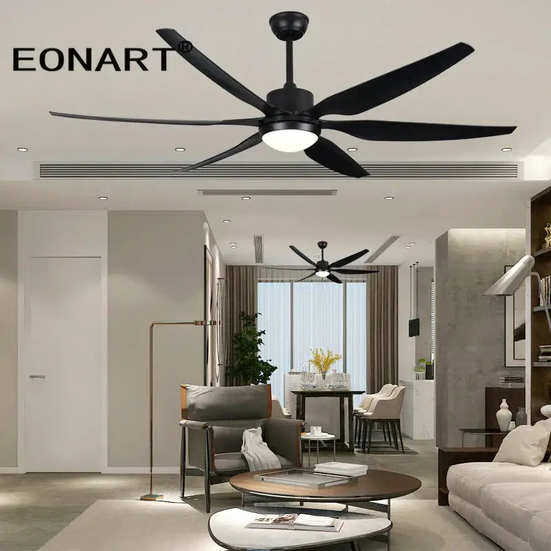 Modern black ceiling fan with five blades integrated led light and remote control for living room use