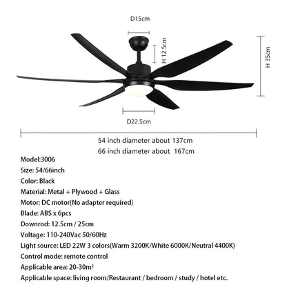 Modern black 54-inch ceiling fan with five sleek metal, plywood, and glass blades featuring led light and remote control
