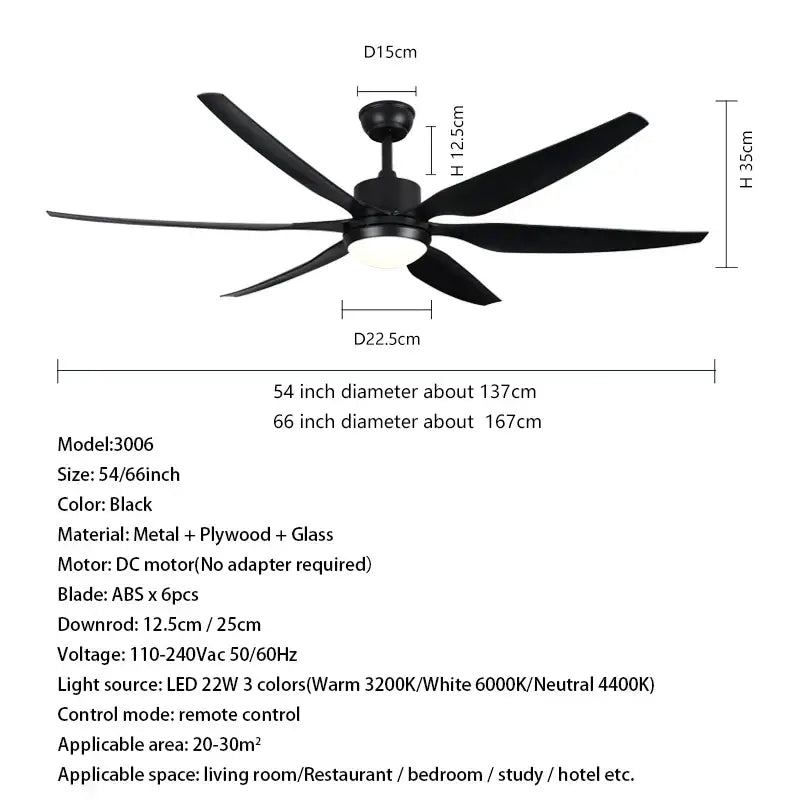 Modern black 54-inch ceiling fan with five sleek metal, plywood, and glass blades featuring led light and remote control