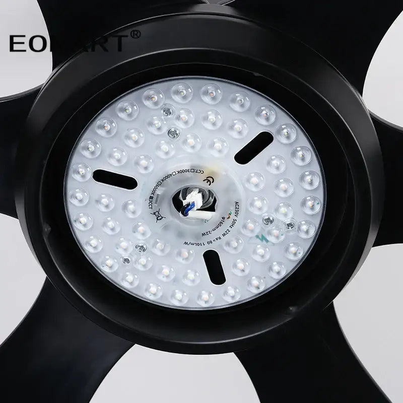 Modern black ceiling fan with led light and remote control featuring a circular array of white leds in the hub