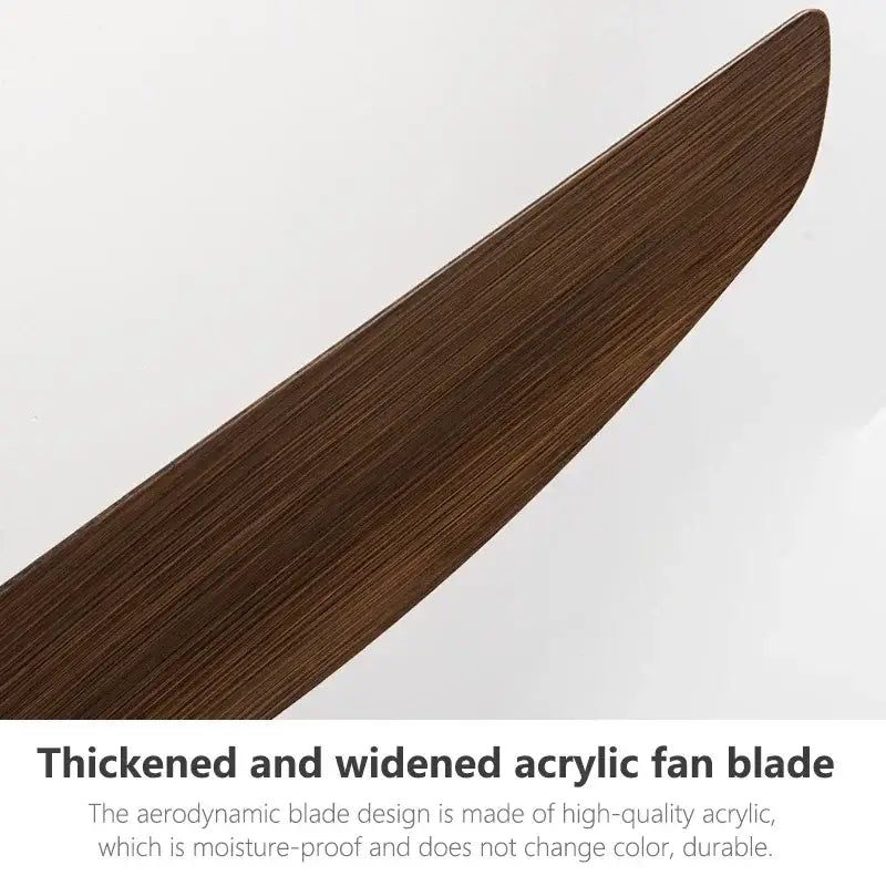 A sleek dark brown acrylic fan blade with wood-grain texture for a modern black ceiling fan with remote control