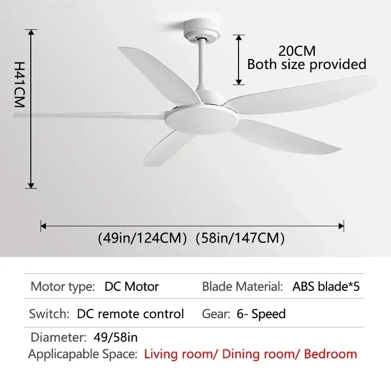 White ceiling fan with five sleek abs blades and modern minimalist design for commercial living room with remote control