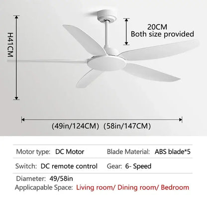 White ceiling fan with five sleek abs blades and modern minimalist design for commercial living room with remote control