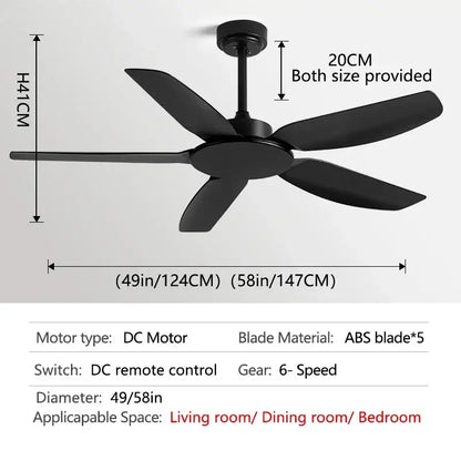 Modern black ceiling fan with five sleek abs blades and remote control available in 49-inch or 58-inch sizes