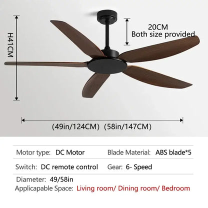 Modern black ceiling fan with remote control featuring five dark brown abs blades available in 49-inch and 58-inch sizes