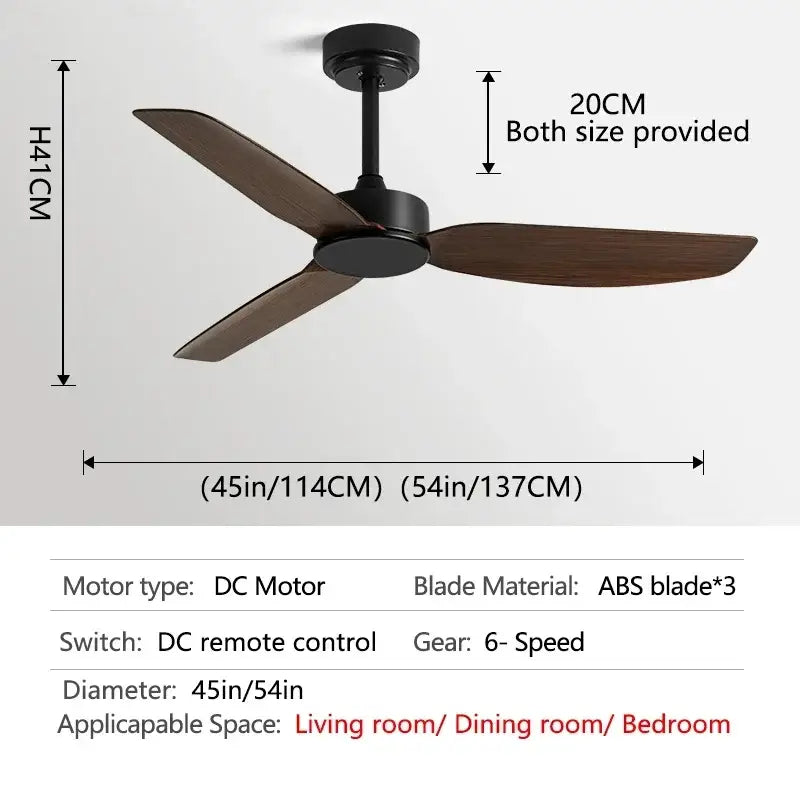 Modern black ceiling fan with remote control featuring three dark brown abs blades, available in 45 and 54-inch diameters