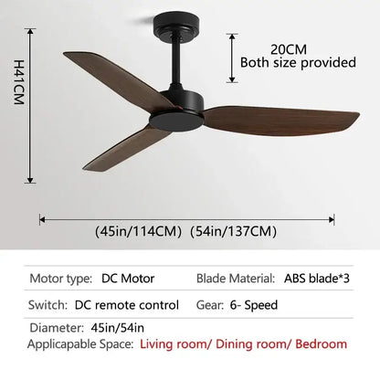 Modern black ceiling fan with remote control featuring three dark brown abs blades, available in 45 and 54-inch diameters