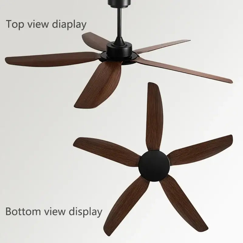 Modern black ceiling fan with remote control featuring five dark brown wooden blades for commercial living room use