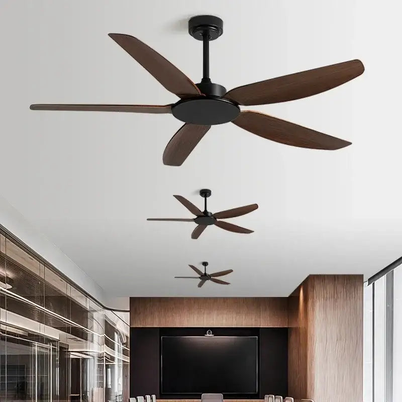 Modern black ceiling fan with remote control featuring five dark wood blades and matte black housing for commercial spaces