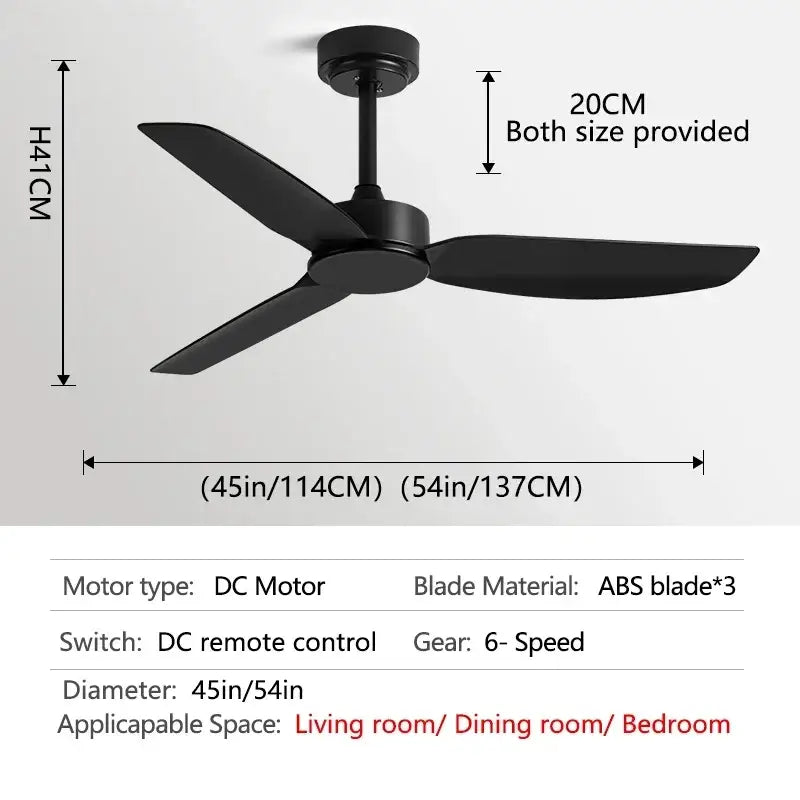 Modern black ceiling fan with three sleek abs blades and remote control for commercial living room use