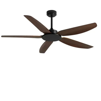Modern black ceiling fan with five dark brown wooden blades and remote control for commercial living room use