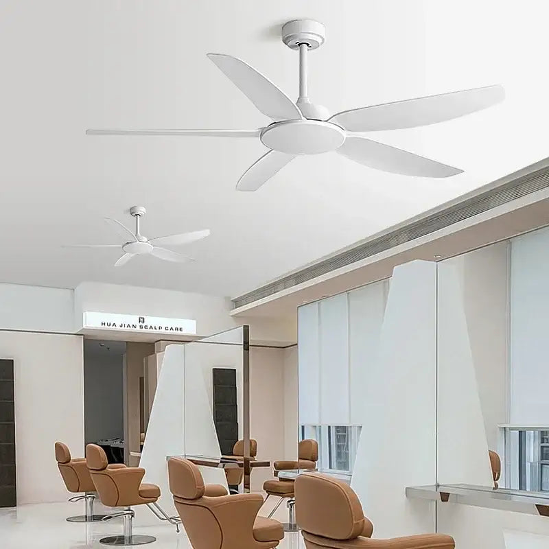 White five-blade ceiling fan with sleek modern design paired with black ceiling fan and remote control for commercial use
