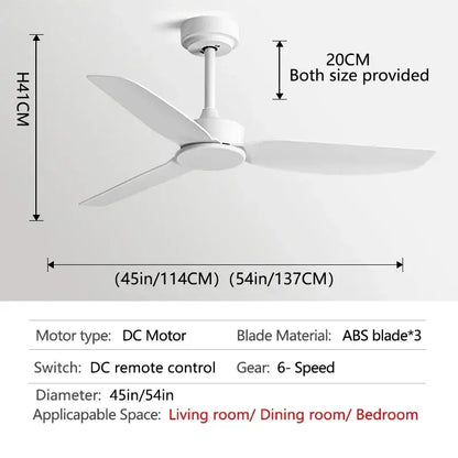Modern black ceiling fan with remote control featuring a white ceiling fan with three sleek abs blades in 45 or 54 inch diameter models