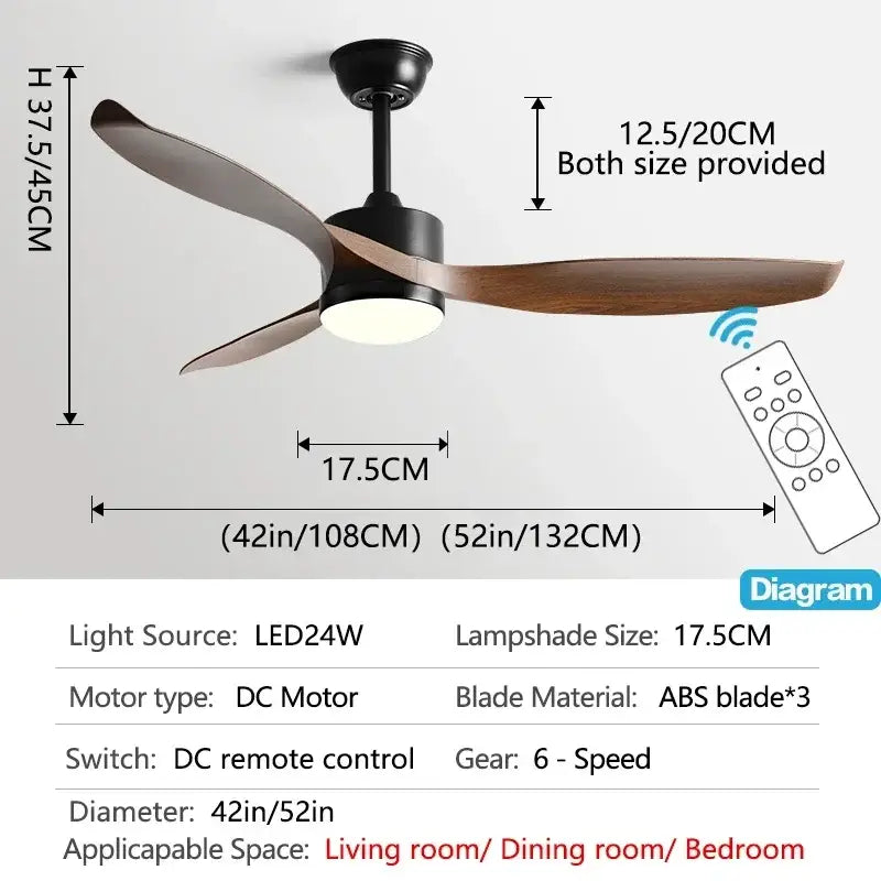 Modern black ceiling fan with three wooden blades and integrated led light featuring remote control for living room use