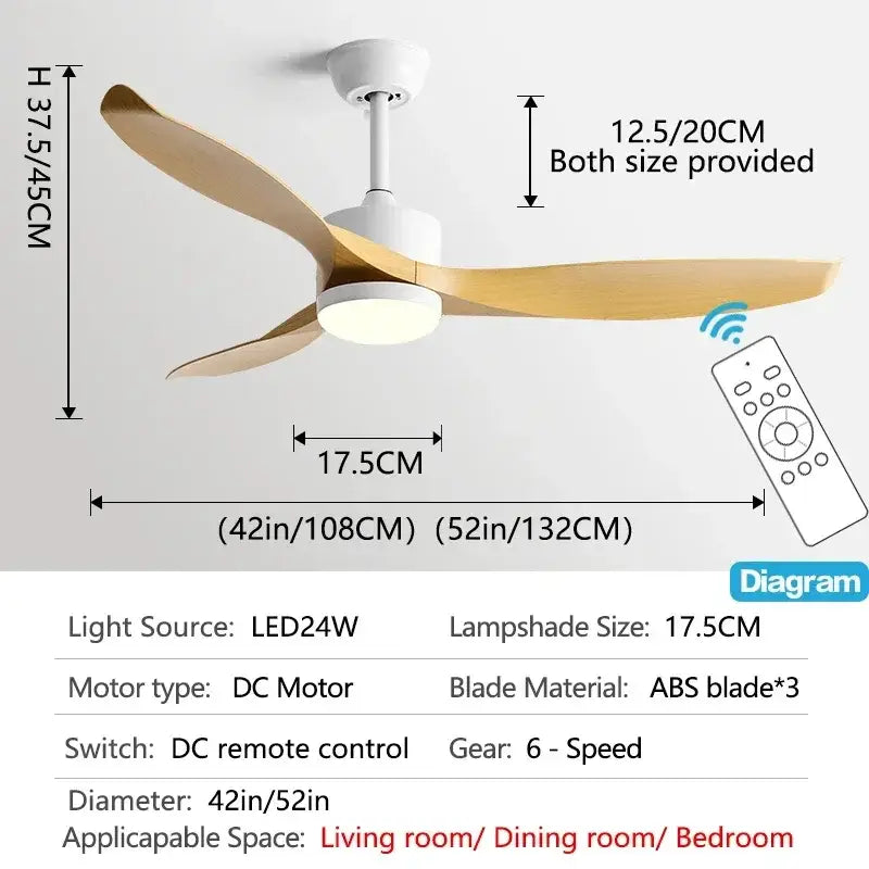 Modern black ceiling fan with remote control featuring three light wooden blades and integrated led light for living room use