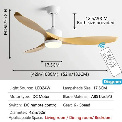 Modern black ceiling fan with remote control featuring three light wooden blades and integrated led light for living room use