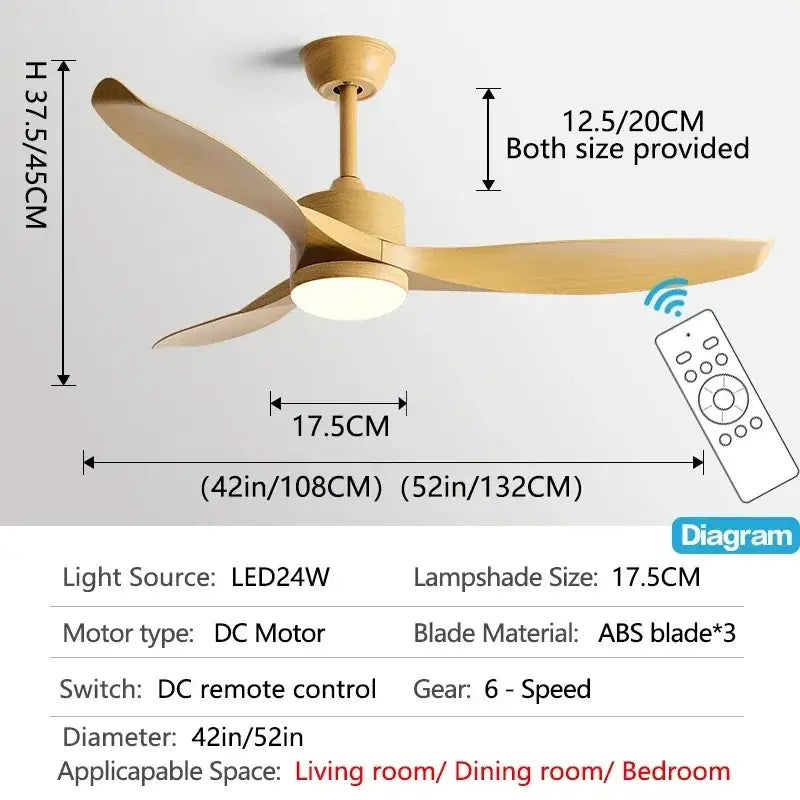 Modern black ceiling fan with remote control featuring three light-colored abs blades and central led lamp in 42 or 52 inch sizes