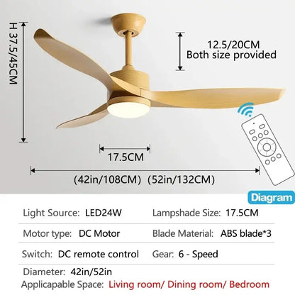 Modern black ceiling fan with remote control featuring three light-colored abs blades and central led lamp in 42 or 52 inch sizes