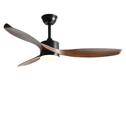 Modern black ceiling fan with three wooden blades and integrated lighting with remote control for living room use