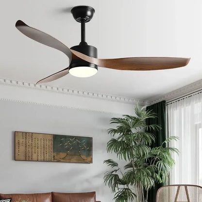 Modern black ceiling fan with three wooden blades and central light fixture featuring remote control for living room use
