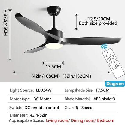 Modern black ceiling fan with three sleek abs blades and central led light fixture with remote control for living room